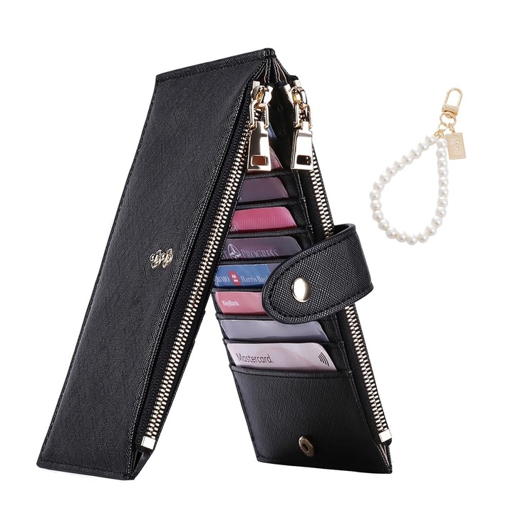 Дамски портфейл, Darklove, С аксесоар, изработен от естествена кожа, RFID блок сигурност, 2 основни зони, Издръжлив, Лесен за почистване, Антифрикционен, Преносим, За партита, срещи, пътуване и работа, PU, 19x10.5x2 cm, Черно