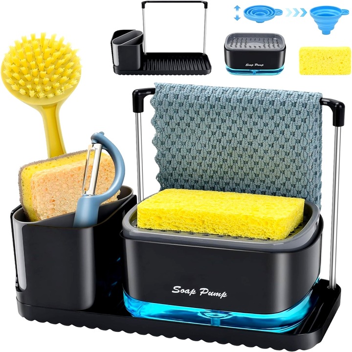 Set dispenser pentru sapun de vase, suport burete, cu tava, organizator ustesile bucatarie, perie si laveta, palnie inclusa