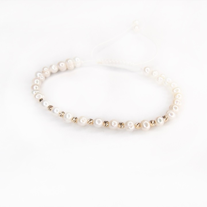 Bratara reglabila cu perle de cultura si 10 bile aur 14k de 2.5 mm