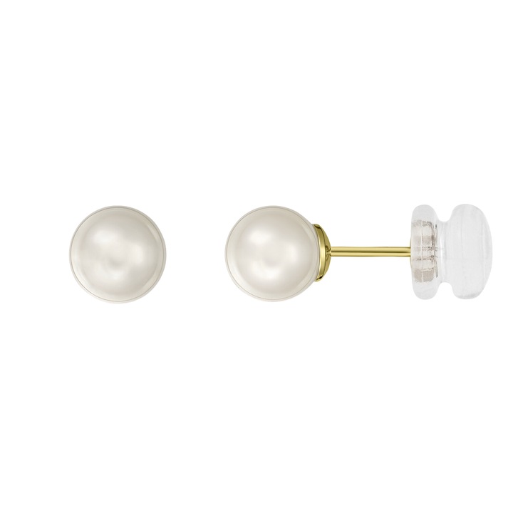 Cercei Aur 585 - 14K cu perle naturale albe 6 mm, Fluturasi aur in silicon
