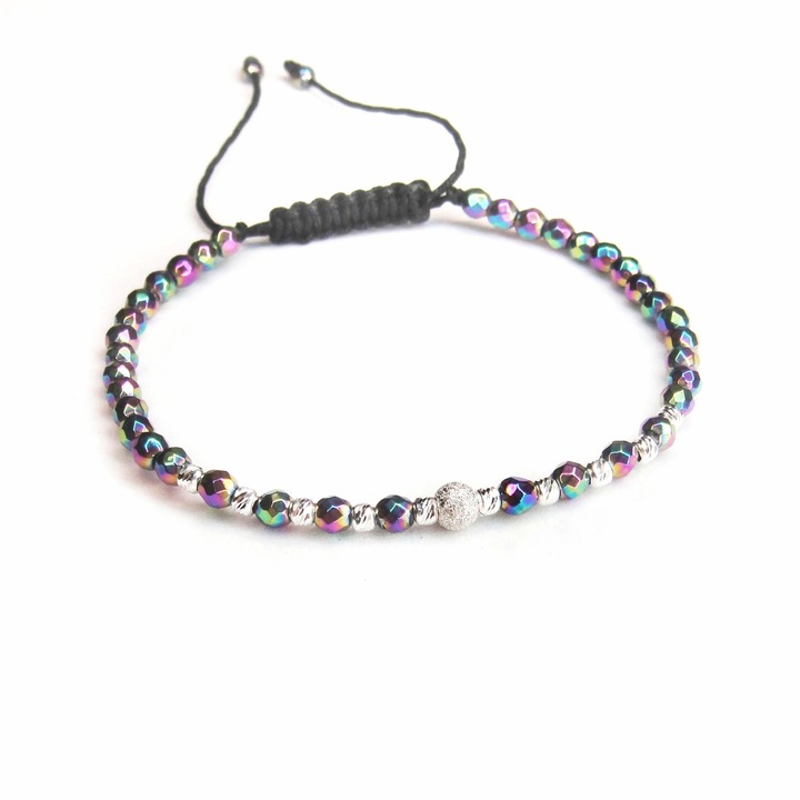 Bratara cu pietre semipretioase hematit si 10 bile argint 925 de 2.5 mm si una de 4 mm