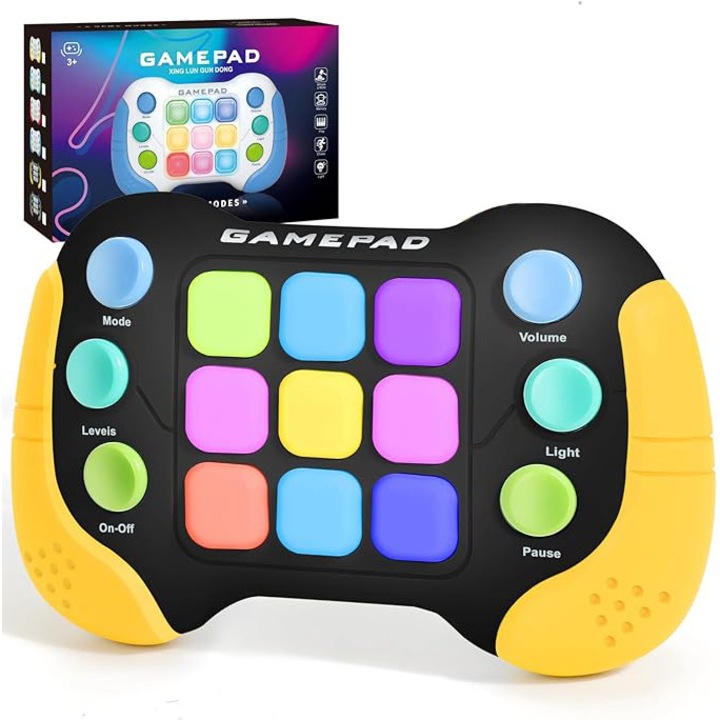 Interaktív Pop It Electronic játék Aurov, konzolmodell, RGB fények és zene, serkenti a memóriát és a kézügyességet, 600 szint, érzékszervi, 3 év+, fekete/sárga