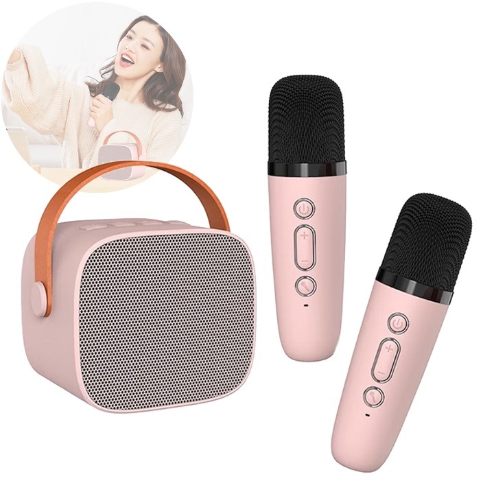 Microfon karaoke copii si adulti cu difuzor portabil, Wireless, 4 efecte voce, 2 microfoane incluse, Player MP3, MicroSD card, Bluetooth 5.0, roz