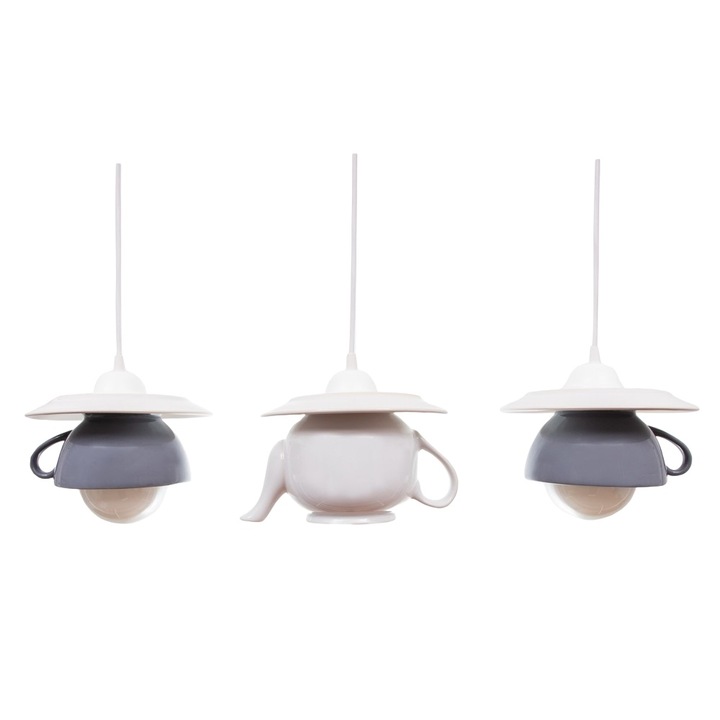Lustra Deco Republic "Tea time 3" grey white, 3x60W, cesti si ceainic ceramice