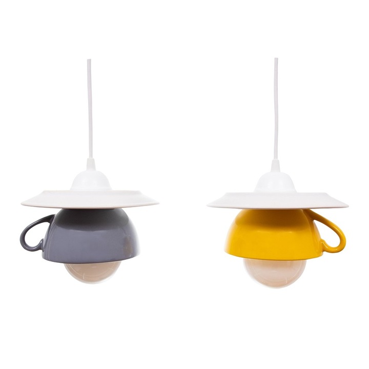 Lustra Deco Republic "Afternoon tea grey yellow twins", 2x60W, cesti si farfurii ceramice