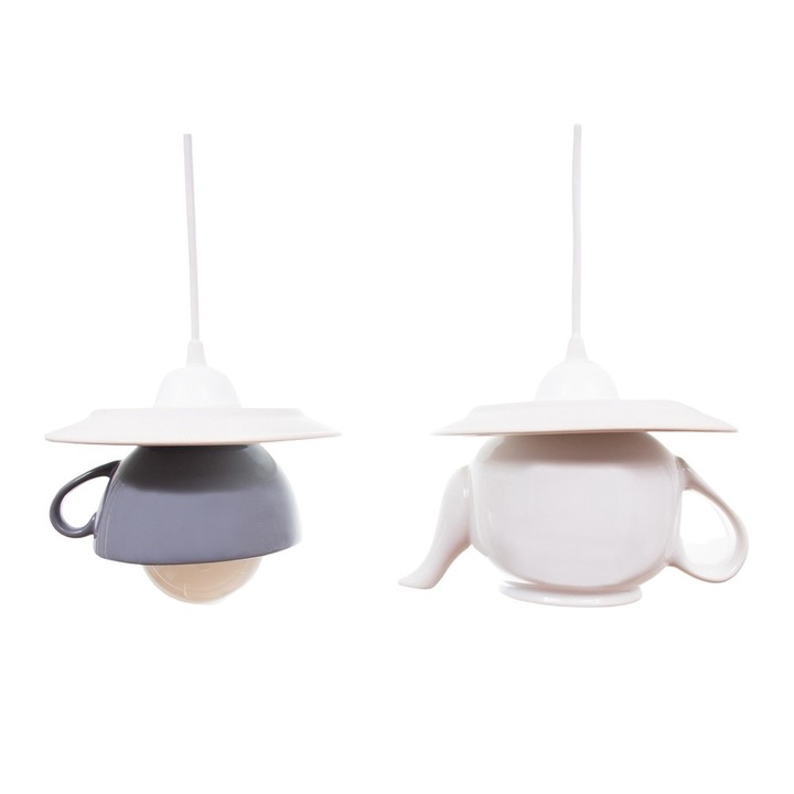 Lustra Deco Republic "Tea time 2 grey white", 2x60W, ceainic si ceasca ceramice