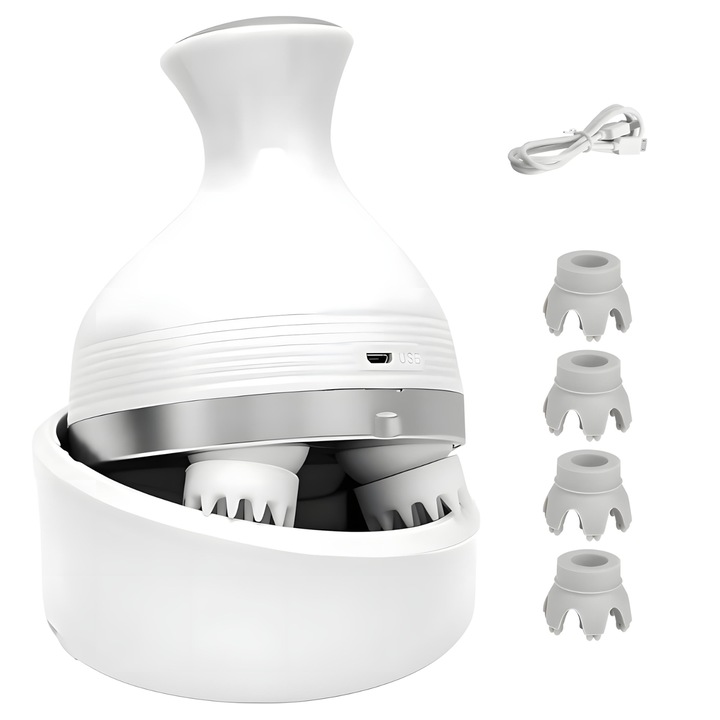 Aparat Profesional pentru Masaj cu Baza de Incarcare, Multifunctional, Stimuleaza Cresterea, Parului, Detensioneaza Muschii, 2 Viteze, Capete din Silicon, Relaxare Profunda, Stimulare Scalp, Alb