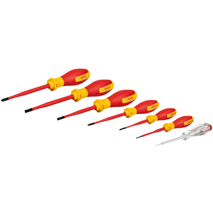 Комплект от 7 изолирани отвертки VDE 1000V BOSCH Professional, SL 2.5, 3.5, 5.5, 6.5, профил PH1, PH2, тестер за напрежение SL3