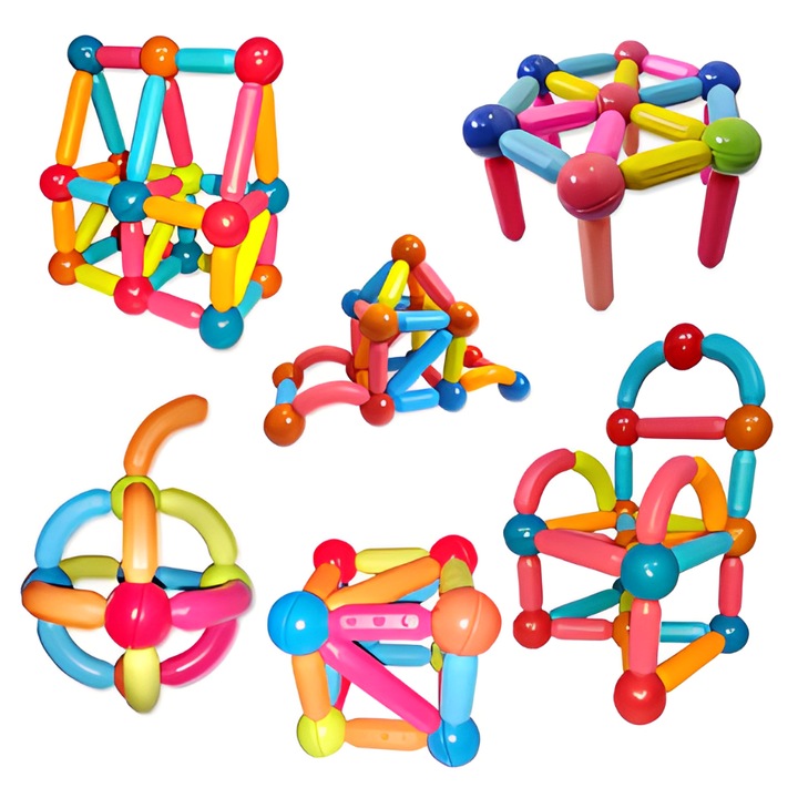 Joc educativ Montessori de construit cu bete magnetice, Onore, multicolor, lemn si plastic, 30 x 35 x 30 cm, 128 piese