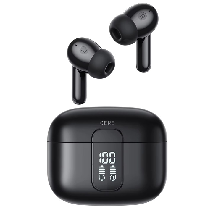 Evolve-x QERE E50 vezeték nélküli fülhallgató, bluetooth, ENC zajszűréssel, vezeték nélküli, érintésvezérlés, 4 mikrofon hívásokhoz, mágneses tok, gyorstöltés, vízálló, Bluetooth 5.3, casual vagy sport, univerzális kompatibilitás, fekete