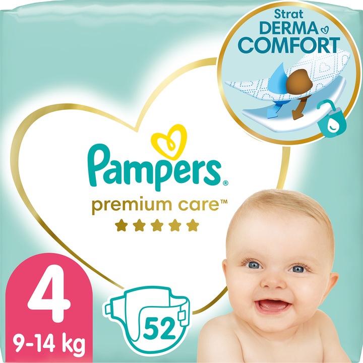 Scutece Pampers Premium Care Value Pack Marimea 4, 9-14 kg, 52 buc
