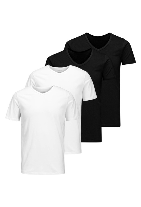 Jack & Jones, Set de tricouri cu decolteu in V Basic - 4 piese, Alb/Negru