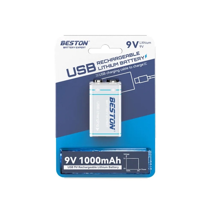 Baterie 9V Li-ion reincarcabila Beston 9VC-10CV, incarcare prin USB-C, 3700mWh, 1000 mAh, 600 cicluri de incarcare