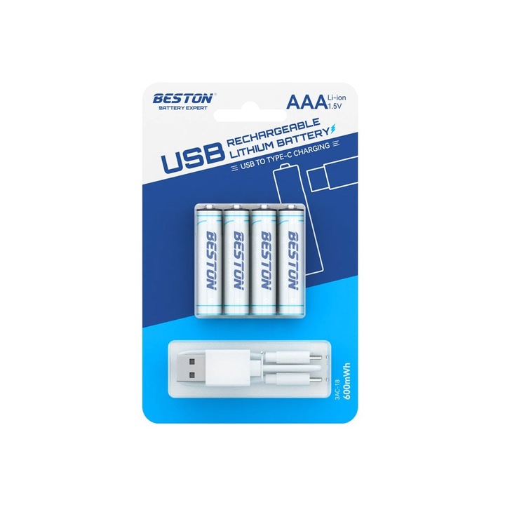 Baterie AAA litiu reincarcabila Beston 3AC-18, incarcare prin USB-C, 1.5V, 600mWh, 400 mAh, 1000 cicluri de incarcare