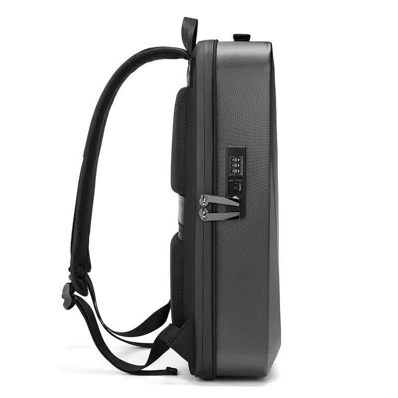Rucsac laptop 15.6" business cu carcasa rigida din material impermeabil EVA, cu cifru antifurt, port de incarcare USB, GETICS, 30x8x45 cm, Negru