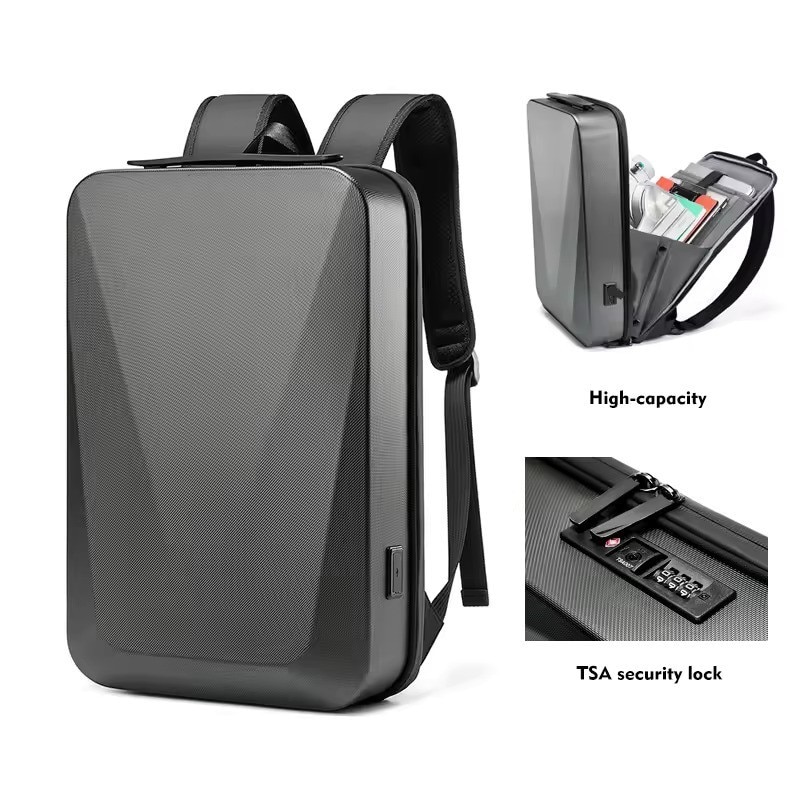 Rucsac laptop 15.6" business cu carcasa rigida din material impermeabil EVA, cu cifru antifurt, port de incarcare USB, GETICS, 30x8x45 cm, Negru