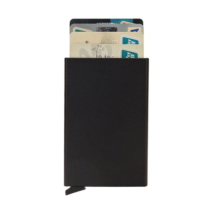 Portofel pentru carduri, aluminiu/plastic, automat pop-up, protectie RFID, negru, 0.8x6.3x10.1cm