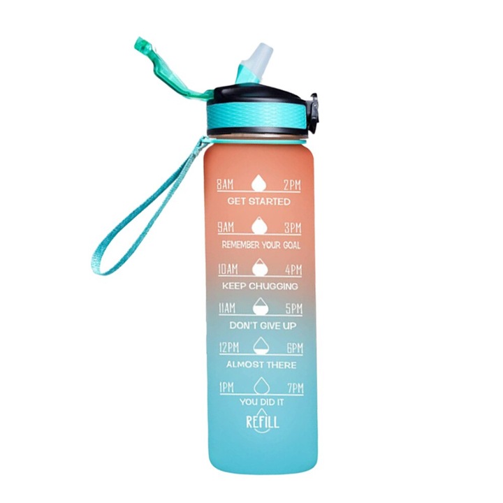 Бутилка за питейна вода Fitness, 32 Oz, с маркер за време, многоцветна, 1 л