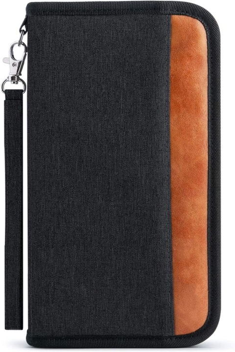 Utazó pénztárca, poliészter, vízálló, RFID blokkoló, fekete/barna, 25x13x3 cm