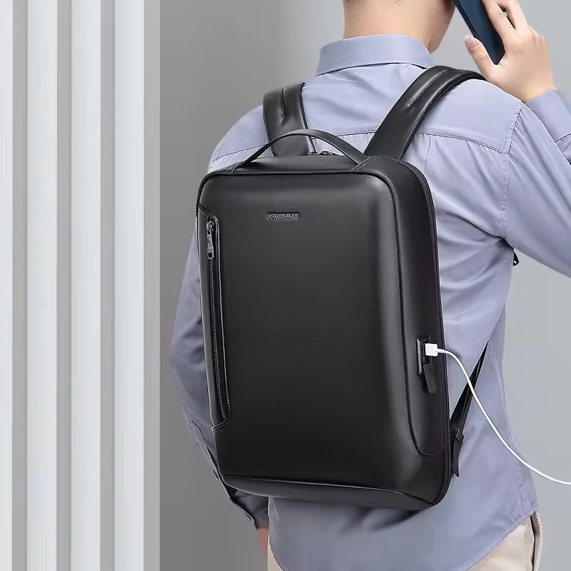 Rucsac laptop 15.6" business ingust, cu port de incarcare USB si detalii din piele ecologica, GETICS, 30x13x42 cm, Negru