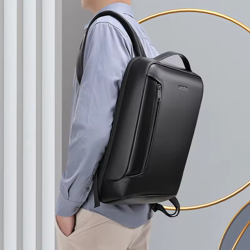 Rucsac laptop 15.6" business ingust, cu port de incarcare USB si detalii din piele ecologica, GETICS, 30x13x42 cm, Negru