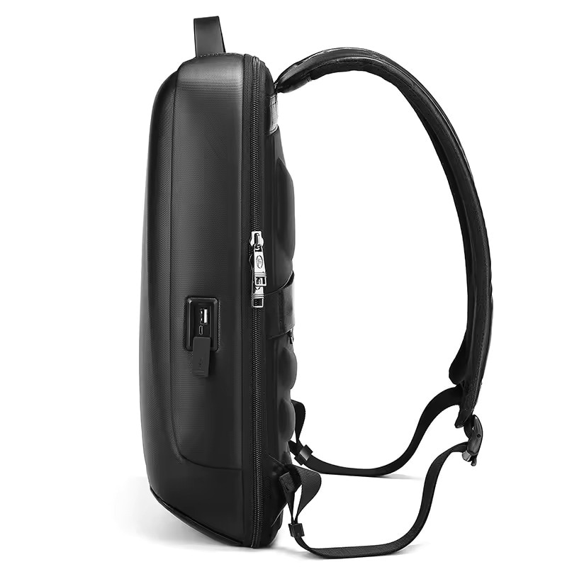 Rucsac laptop 15.6" business ingust, cu port de incarcare USB si detalii din piele ecologica, GETICS, 30x13x42 cm, Negru