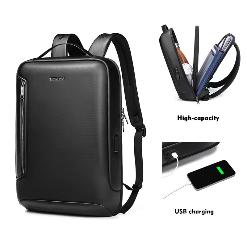 Rucsac laptop 15.6" business ingust, cu port de incarcare USB si detalii din piele ecologica, GETICS, 30x13x42 cm, Negru