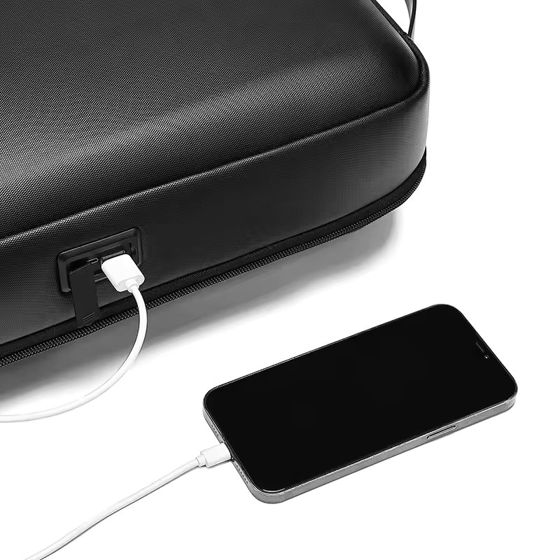 Rucsac laptop 15.6" business ingust, cu port de incarcare USB si detalii din piele ecologica, GETICS, 30x13x42 cm, Negru