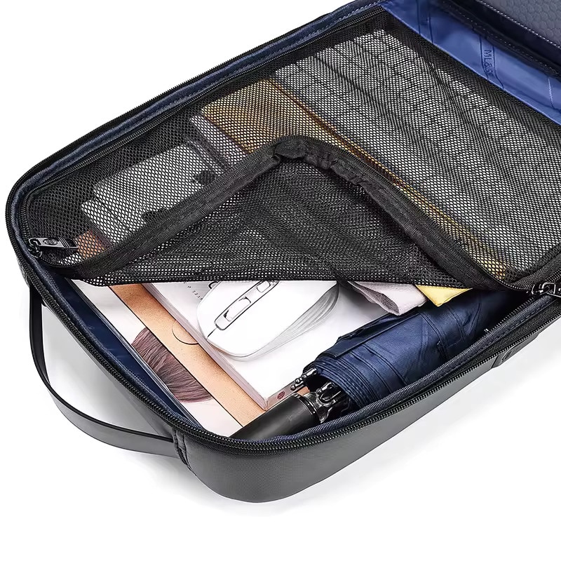 Rucsac laptop 15.6" business ingust, cu port de incarcare USB si detalii din piele ecologica, GETICS, 30x13x42 cm, Negru