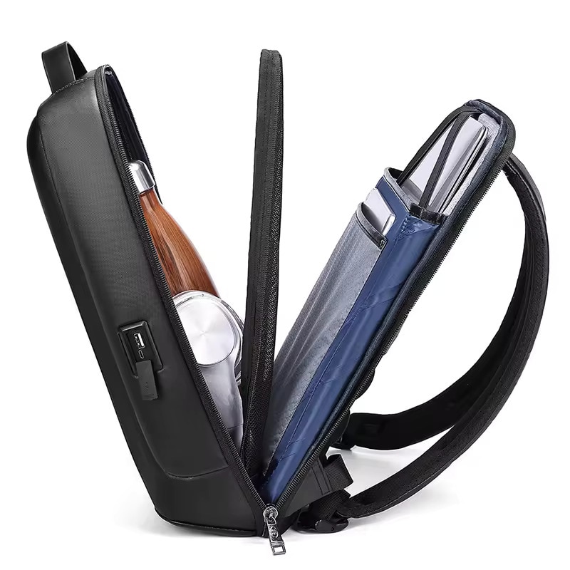 Rucsac laptop 15.6" business ingust, cu port de incarcare USB si detalii din piele ecologica, GETICS, 30x13x42 cm, Negru