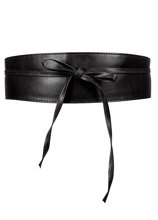 Широк колан тип Obi, Екологична кожа, 220 х 6,5 см, Черен