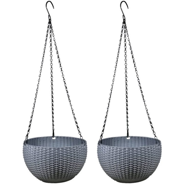Set de 2 ghivece suspendate, polipropilena, design cu rezervor de apa, gri, 57x13cm