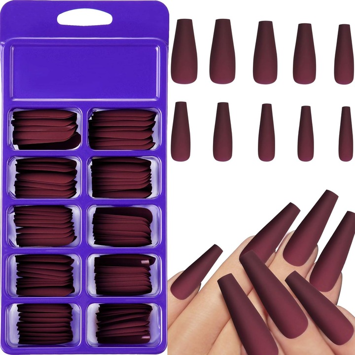 Set 100 unghii false mate, stil balerina, visiniu, in cutie