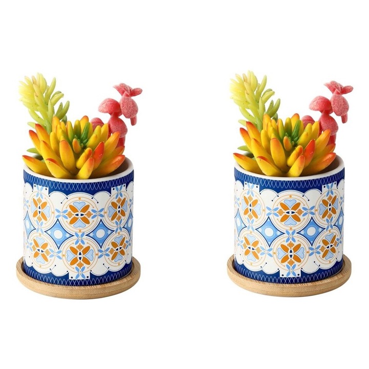 Set 2 ghivece decorative cu farfurioare, Ceramica, Stil nordic, 7.3 x 7.3 cm, Multicolor