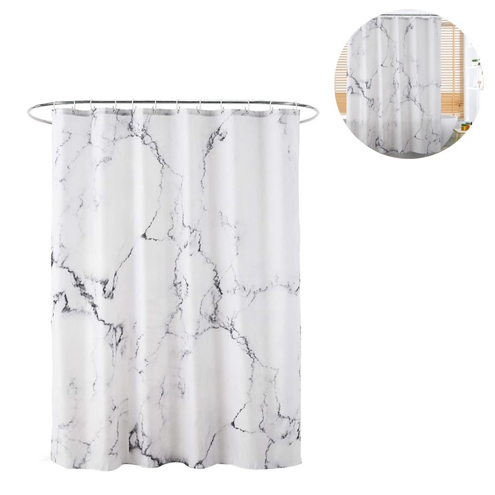 Perdea de dus, PEVA, anti-mucegai, impermeabila, cu inele, 180 x 180 cm, alb/gri