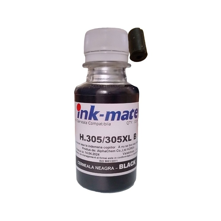 Flacon Refill Cerneala Ink-Mate Compatibil HP 3YM61AE (305) Negru 100ml si 1x dop pentru astupat orificiul de reumplere