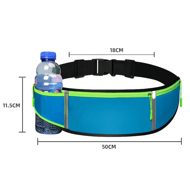 Unisex sport övtáska, 3 zseb, fényvisszaverő, palacktartó, kék, állítható 17x49"