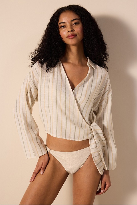 Penti, Bluza petrecuta in dungi, pentru plaja, Alb fildes/Bej/Gri inchis, L