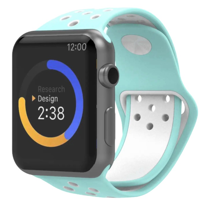 Techancy perforált szilikon szíj kompatibilis Apple Watch 1, 2, 3, 4, 5, 6, 7, 8, 9, SE, állítható, puha szilikon, kijelző 38-40 mm, türkiz / fehér
