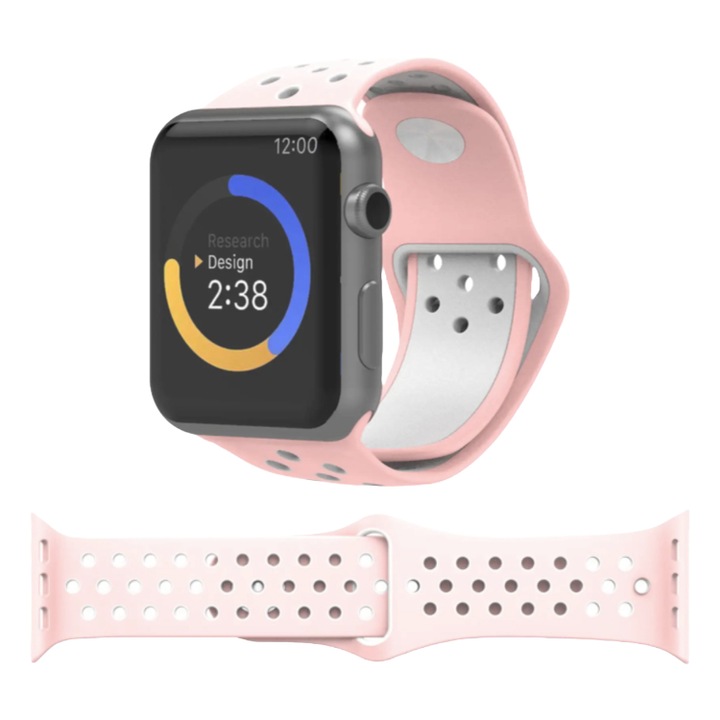 Techancy perforált szilikon szíj kompatibilis Apple Watch 1, 2, 3, 4, 5, 6, 7, 8, 9, SE, állítható, puha szilikon, kijelző 38-40 mm, rózsaszín / fehér