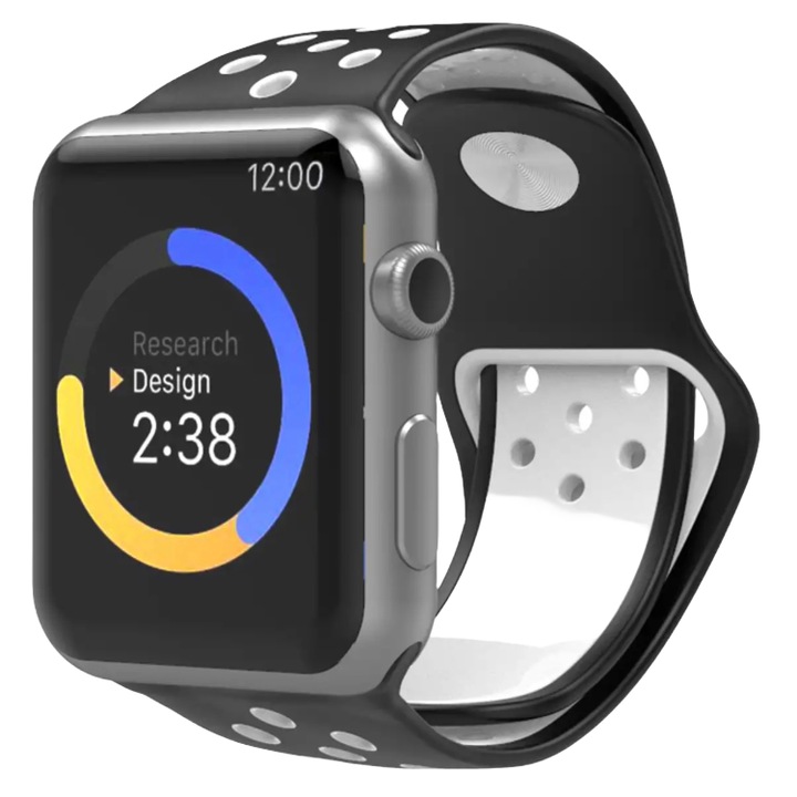 Techancy perforált szilikon szíj kompatibilis Apple Watch 1, 2, 3, 4, 5, 6, 7, 8, 9, SE, állítható, puha szilikon, kijelző 38-40 mm, fekete / fehér