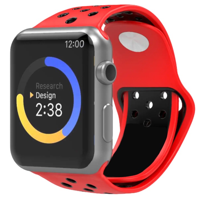 Techancy perforált szilikon szíj kompatibilis Apple Watch 1, 2, 3, 4, 5, 6, 7, 8, 9, SE, állítható, puha szilikon, kijelző 38-40 mm, piros / fekete