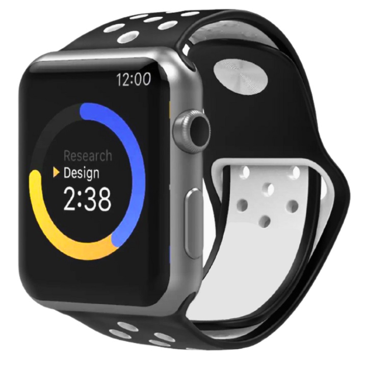 Techancy perforált szilikon szíj kompatibilis Apple Watch 1, 2, 3, 4, 5, 6, 7, 8, 9, Ultra, SE, állítható, puha szilikon, kijelző 42-44 mm, fekete / fehér