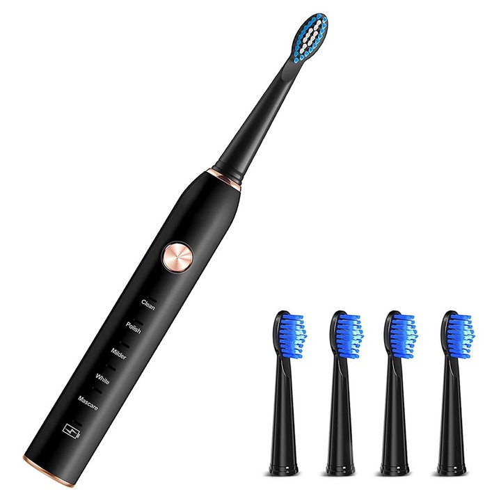 Periuta de dinti electrica sonica QttvbTna, 5 moduri, IPX7, rezerve incluse, negru
