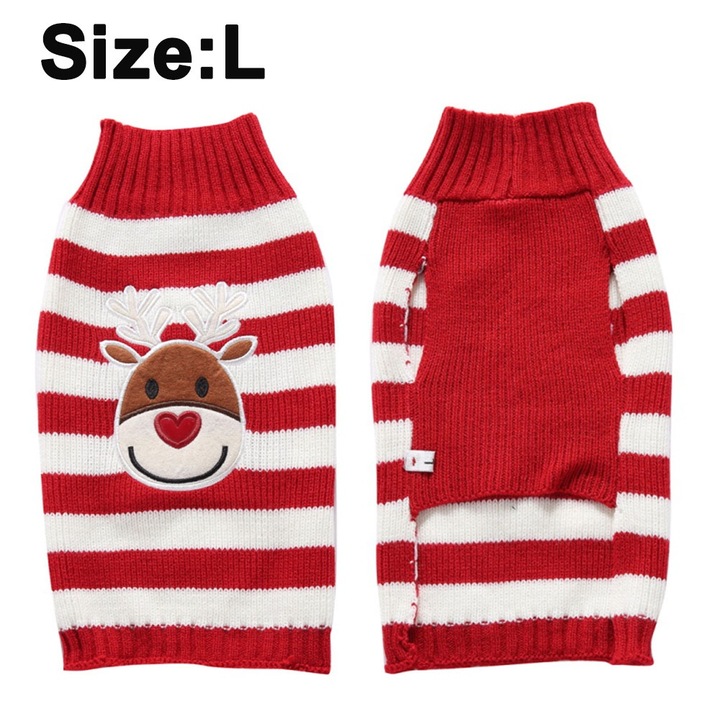 Pulover pentru caini, poliester, rosu cu alb, M 26x31x25cm/L 30x36x29cm/XL 34x42x34cm