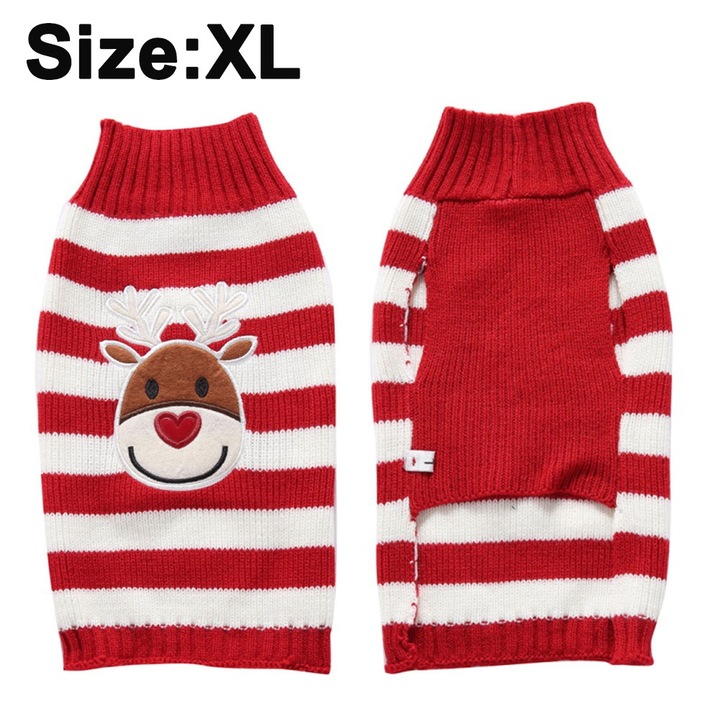 Pulover pentru caini, poliester, rosu cu alb, M 26x31x25cm/L 30x36x29cm/XL 34x42x34cm