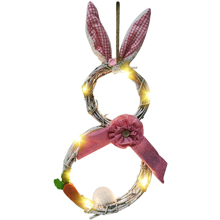Corona de Paste cu luminite, iepuras si morcovi, textil, multicolor, 48 x 25 cm