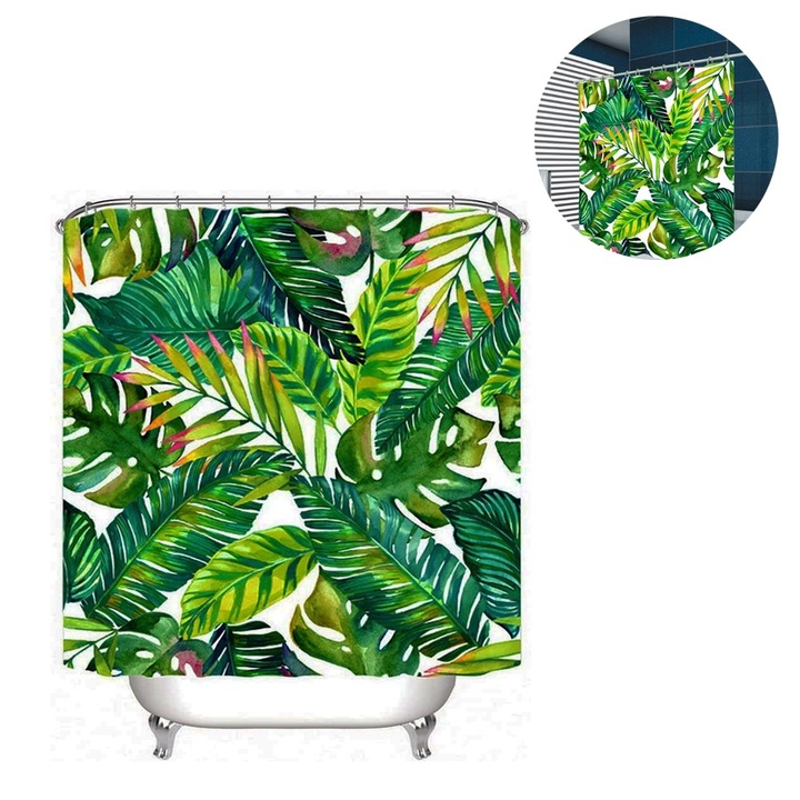 Perdea de dus cu 12 carlige, Imprimeu tropical, Poliester, 180x200cm, Verde