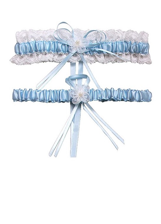 Jartiera, Satin/Dantela, Albastru/Alb, One Size INTL