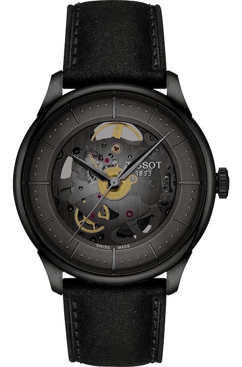 Автоматичен часовник Tissot Chemin Des Tourelles Skeleton, унисекс, видим механизъм, кожена каишка, черен, водоустойчив 50 м